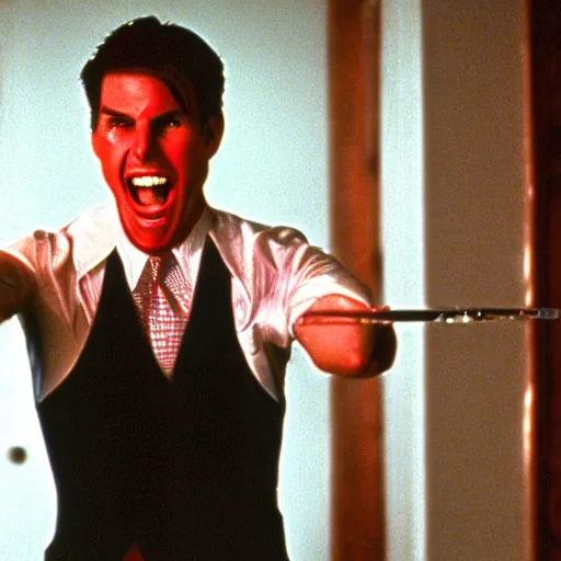 Image similar to Tom Cruise with a psychotic grin, as Patrick Bateman in American Psycho (2000)
