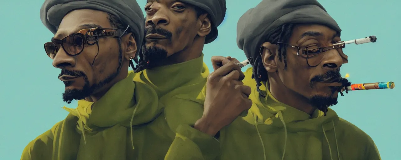 Image similar to duotone olive illustration 3 / 4 portrait of snoop dogg smoking joints with gandalf composition accidental renaissance golden ratio. by sachin teng and sergey kolesov and ruan jia and heng z. graffiti art, scifi, fantasy, hyper detailed. octane render. concept art. trending on artstation