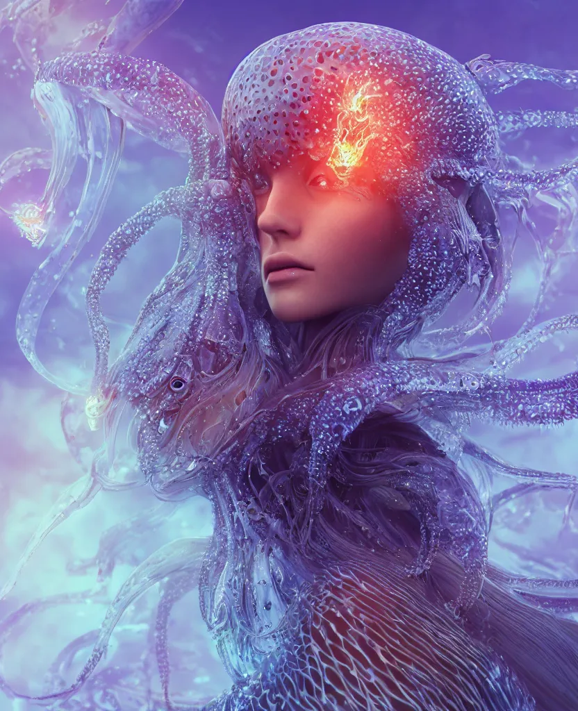 Image similar to close-up macro portrait of the face of a beautiful princess, epic angle and pose, symmetrical artwork, 3d with depth of field, blurred background, cybernetic jellyfish female face skull phoenix bird, translucent, nautilus, energy flows of water and fire. a highly detailed epic cinematic concept art CG render. made in Maya, Blender and Photoshop, octane render, excellent composition, cinematic dystopian brutalist atmosphere, dynamic dramatic cinematic lighting, aesthetic, very inspirational, arthouse. y Greg Rutkowski, Ilya Kuvshinov, WLOP, Stanley Artgerm Lau, Ruan Jia and Fenghua Zhong