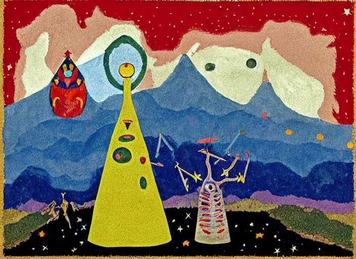 Image similar to pixel decollage painting tarot lovers card composition tower of babel road red armor wonky alien frog and maggot vampire clown knight on a skeleton pale horse in a dark green cloudy night sky with golden foil jewish stars and diamonds, mountain lake and blossoming field in background, painted by Mark Rothko, Helen Frankenthaler, Danny Fox and Hilma af Klint, pixelated, neo expressionism, semi naive, pastel colors, cinematic, color field painting, cave painting, voxel, pop art look, outsider art, minimalistic. Bill Traylor painting, part by Philip Guston, Amano and Francis Bacon. art by Adrian Ghenie and Storm Thorgerson, very coherent symmetrical artwork, cinematic, hyper realism, high detail, octane render, unreal engine, Smooth gradients, depth of field, full body character drawing, extremely detailed, 8k, extreme detail, intricate detail, masterpiece