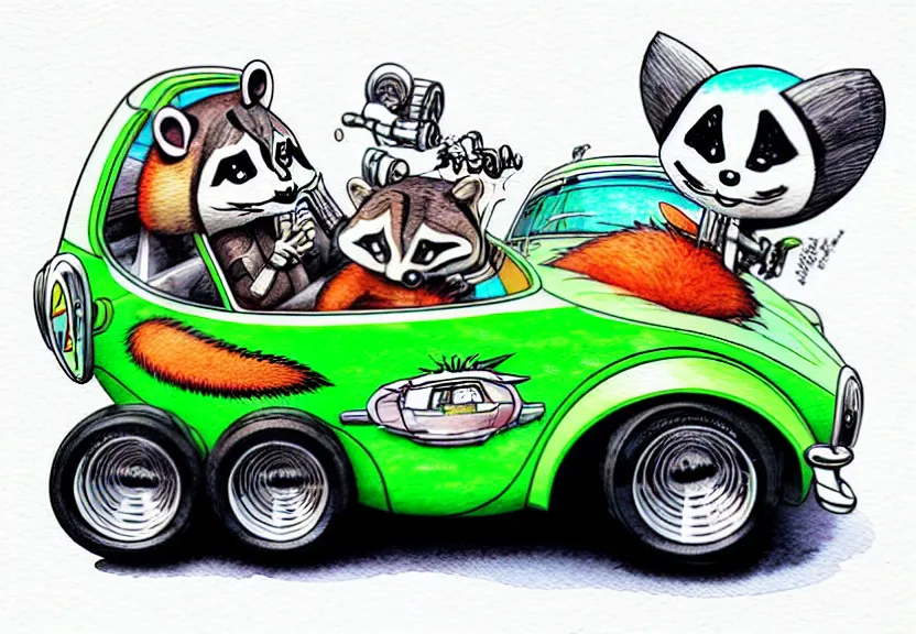 Image similar to cute and funny, racoon riding in a tiny hot rod coupe with oversized engine, ratfink style by ed roth, centered award winning watercolor pen illustration, isometric illustration by chihiro iwasaki, edited by range murata