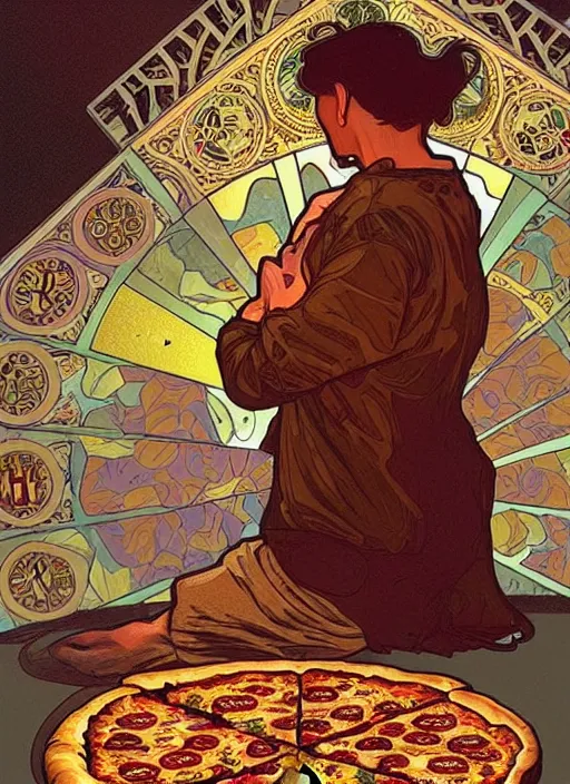 Prompt: unlucky man trips and looks in terror as he drops all the pizza on the floor, the pizza falls to the floor, tragedy, intricate, elegant, highly detailed, lighting, painting, artstation, smooth, illustration, art by greg rutowski and alphonse mucha