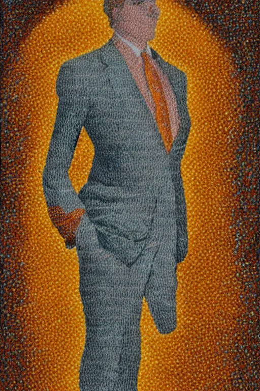 Prompt: a scene depicting a orange haired character wearing a voluminous suit made from linen and transparent plastic, pointillism, super detailed, soft light