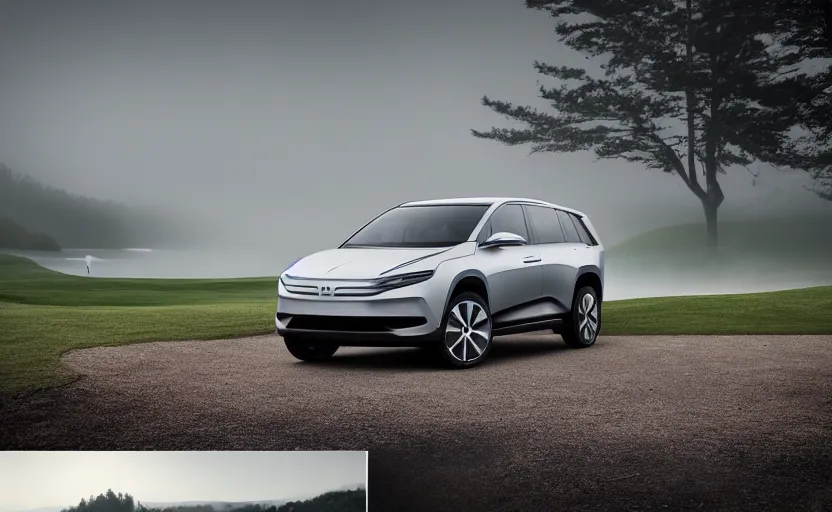 Image similar to the electric suv honma will release soon, outdoor product photography on a golf course, fog, very besautiful ambient light, sun rays behind the lake