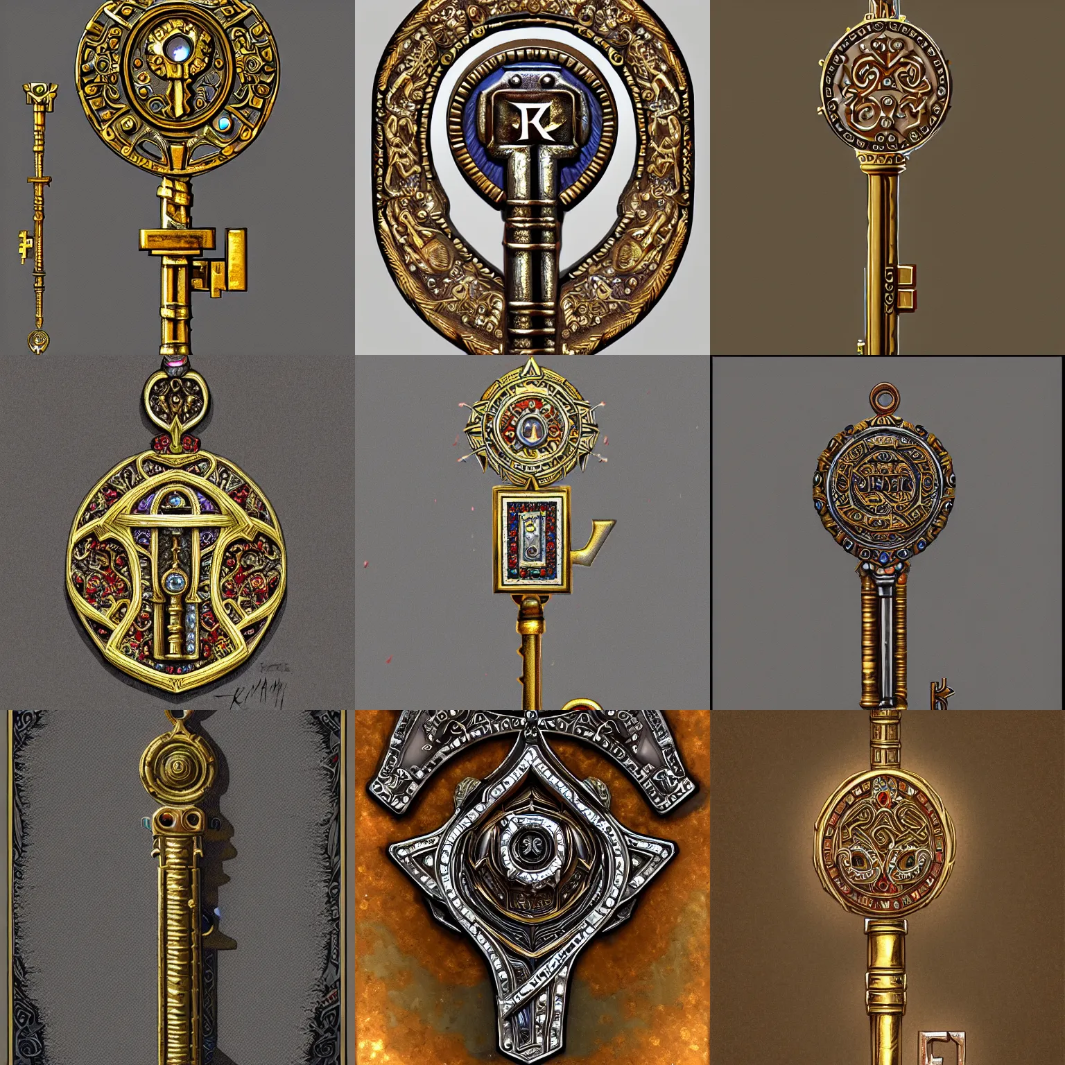 Prompt: ornate key, decorated with jewels, runic inscriptions, highly detailed, digital painting, trending on artstation, concept art, sharp focus, illustration