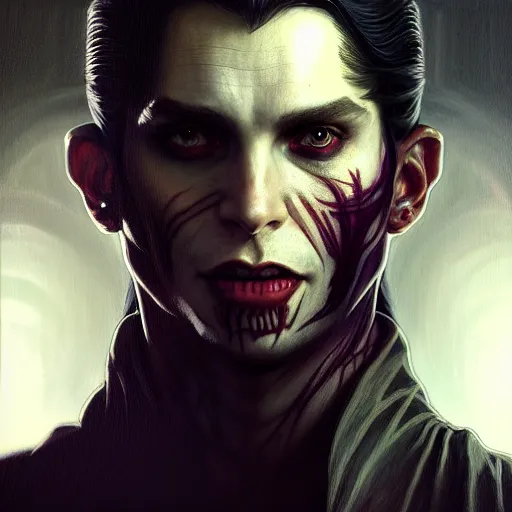 Prompt: portrait painting of actor joseph quinn as a vampire, ultra realistic, concept art, intricate details, eerie, highly detailed, photorealistic, octane render, 8 k, unreal engine. art by artgerm and greg rutkowski and charlie bowater and magali villeneuve and alphonse mucha