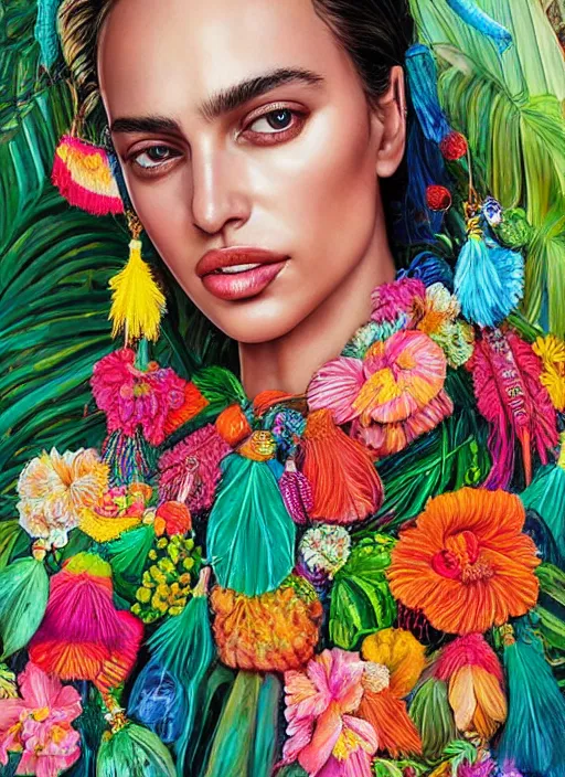 Image similar to beautiful portrait of Irina Shayk wearing fantastic Hand-dyed cotton dress,embellished beaded feather decorative fringe knots ,colorful pigtail,subtropical flowers and plants,symmetrical face,summer,intricate,elegant,highly detailed,8k,post-processing,digital painting,trending on pinterest, GUCCI,vogue,concept art, sharp focus, illustration, by artgerm,Tom Bagshaw,Lawrence Alma-Tadema,greg rutkowski,alphonse Mucha