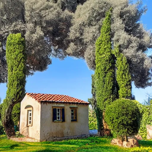 Prompt: a small house with trees in the background, greek style