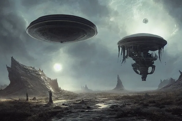 Prompt: ufo, concept art, intricate details, eerie, highly detailed, photorealistic, octane render, 8 k, unreal engine. art by greg rutkowski and james gurney and h r giger