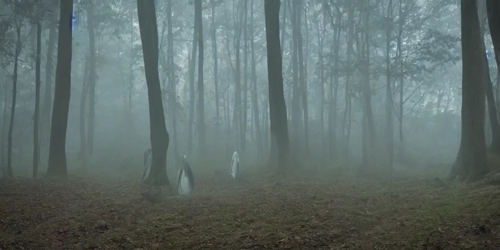 Image similar to Ethereal specters in the woods with long bodies, fog volumetric lighting