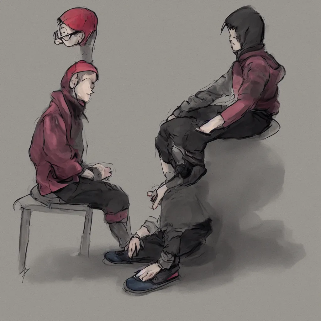 Prompt: a single boy sitting in a slav squat, in a style of gashi gashi, trending on devianart, sharp focus, digital painting