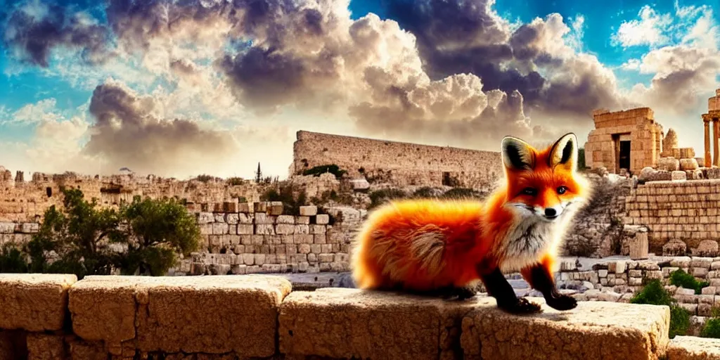 Image similar to a adorable small fox in the huge ruins of the second temple in jerusalem in the distance. the third temple hovers quietly hiding in the dreamy clouds above. a hooded bearded old man in a tunic laughing, colorful 8 k, art station, intricate superb details, digital art, cinematic, bokeh dof sky, an expressionist painting by afremov.