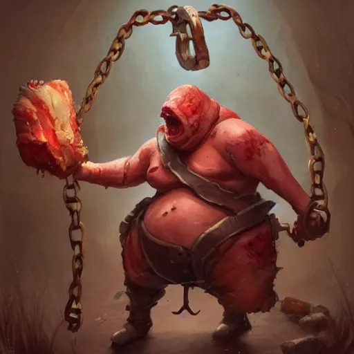 Image similar to a fat fleshy abomination butcher holding a cleaver and a hook hand, multiple arms, chained hook, cleaver knife, meats on the ground, in the style of greg rutkowski, fantasy rpg, league of legends