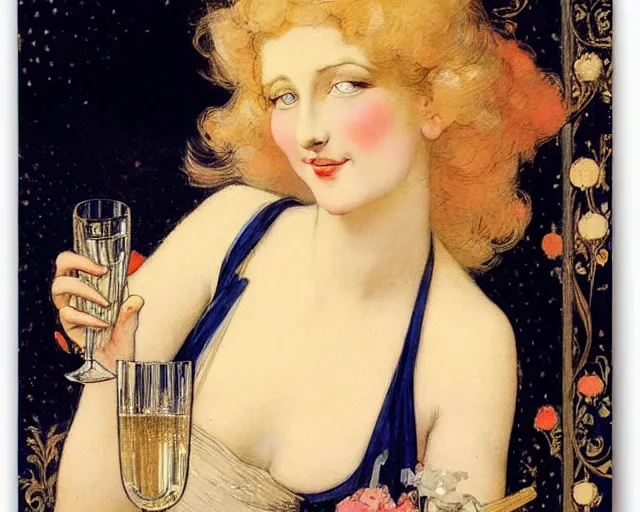 Prompt: louis - theophile hingre, blonde woman, realistic, a glass of champagne, cheerful, bright