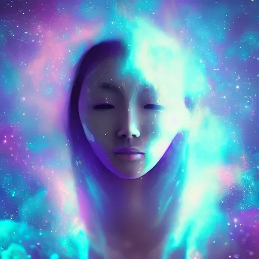 Image similar to galaxy, character, 3 d godess, fractal japanese mask, art by beeple, cloud, volumetric, dreamy, nebula background, portrait, close up, cinematic, super fine detailed, detailing