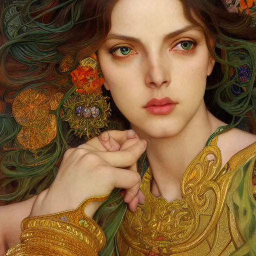 Image similar to an portrait of a beautiful alluring female goddess, detailed, centered, digital painting, artstation, concept art, donato giancola, Dante Gabriel Rossetti, alphonse mucha, Joseph Christian Leyendecker, WLOP, Boris Vallejo, Breathtaking, 8k resolution, extremely detailed, beautiful, establishing shot, artistic, hyperrealistic, beautiful face, octane render