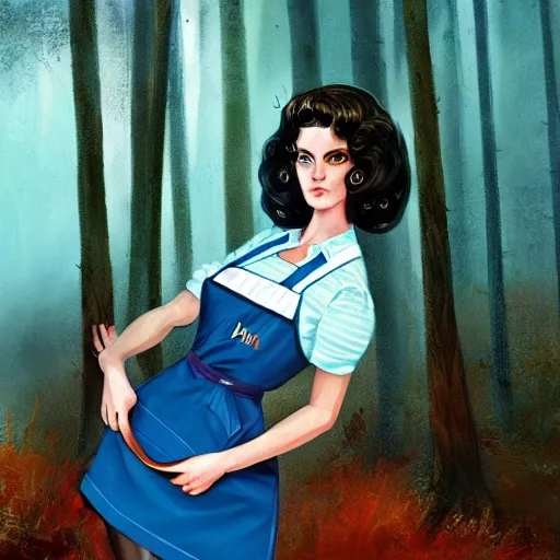 Image similar to a portrait of a 1 9 6 0 s woman with curly black hair and blue eyes, and an apron in the forest, dynamic lighting, fantasy concept art, trending on art station, stunning visuals, cinematic, ultra detailed