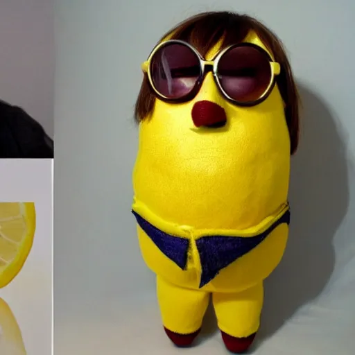 Image similar to a lemon dressed up as john lennon