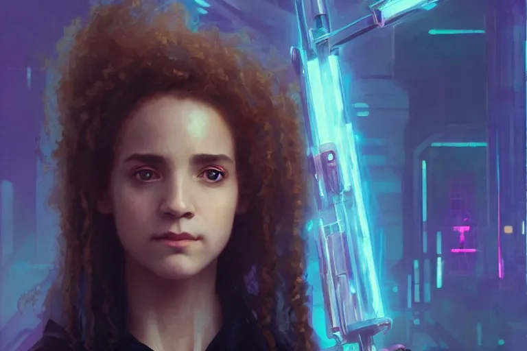 Image similar to portrait of Hermione Granger in cyberpunk, neon lighting, night city, digital art from artstation by Ruan Jia and Mandy Jurgens and Artgerm and william-adolphe bouguereau and Greg Rutkowski and Wayne Barlowe