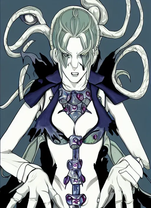 Prompt: shin megami tensei art of a demon called margaret thatcher, art by kazuma kaneko, demonic! compedium!, digital drawing, white background, high quality, highly detailed