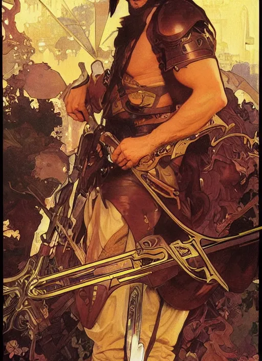 Prompt: keanu reeves in the slumps holding crossbow brown skin golden hair brown leather armor high fantasy dnd smooth sharp focus illustration by rossdraws, alphonse mucha frank fanzzeta