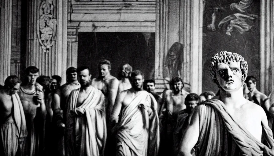 Prompt: movie still by of emperor caligula murdered by a man in toga blood in a neoclassical room, cinestill 8 0 0 t 3 5 mm b & w, high quality, heavy grain, high detail, dramatic light, ultra wide lens, anamorphic