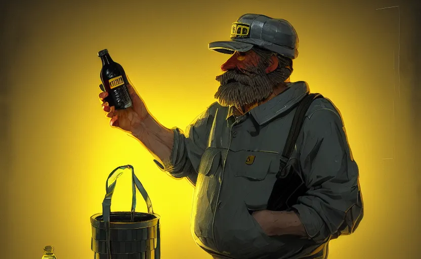 Image similar to hobocop with yellow plastic bag full of bottles from the disco elysium, concept art by aleksander rostov, artstation trending, symmetry, awesome exposition, very detailed, highly accurate, intricate, professional lighting diffracted lightrays, 8 k, sense of awe, gamers magazine cover