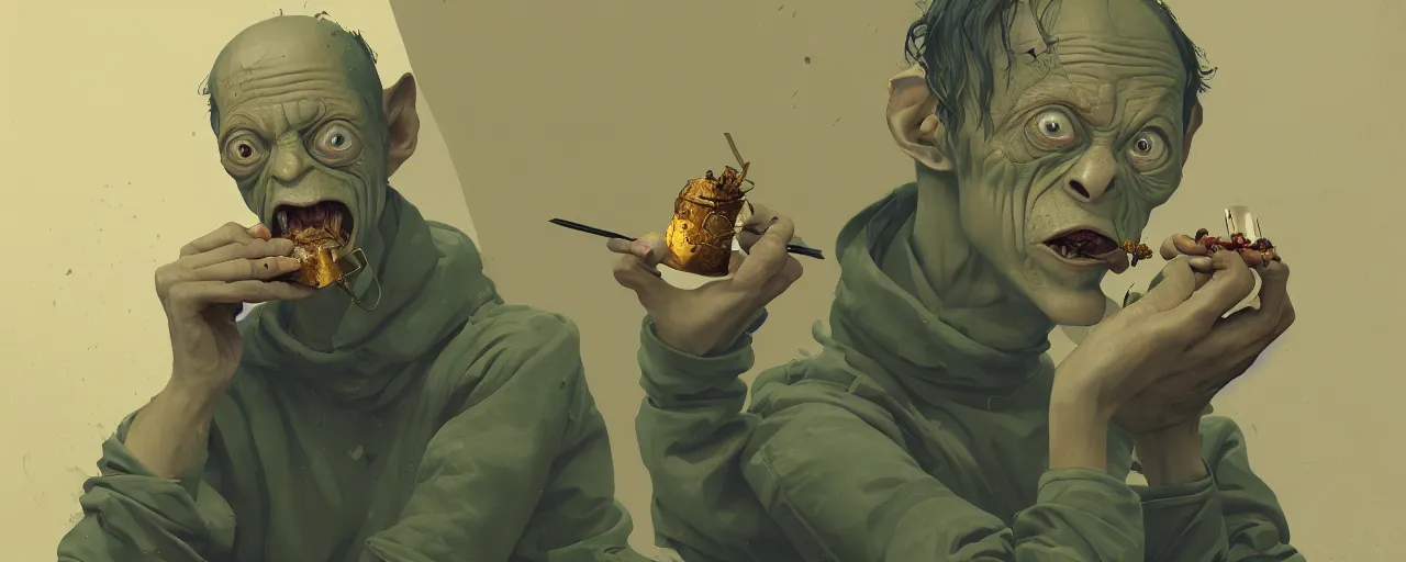 Image similar to duotone olive illustration 3 / 4 portrait of gollum drinking yerba mate from metal cup symmetrical composition accidental renaissance golden ratio. by sachin teng and sergey kolesov and ruan jia and heng z. graffiti art, scifi, fantasy, hyper detailed. octane render. concept art. trending on artstation