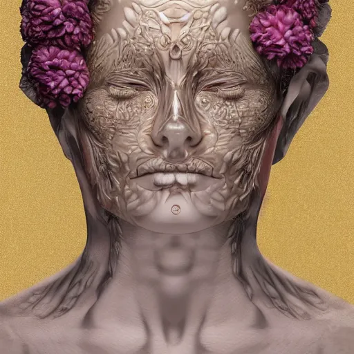 Image similar to beatifull face portrait of a woman, 150 mm, anatomical, flesh, flowers, mandelbrot fractal, facial muscles, veins, arteries, intricate, golden ratio, full frame, microscopic, elegant, highly detailed, ornate, ornament, sculpture, elegant , luxury, beautifully lit, ray trace, unreal, 3d, PBR, in the style of peter Gric , alex grey and Romero Ressendi