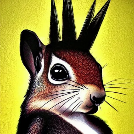 Image similar to Cool looking squirrel with a styled colorful mohican haircut, wall art, by Banksy, masterpiece, award-winning, hyperdetailed, photorealistic