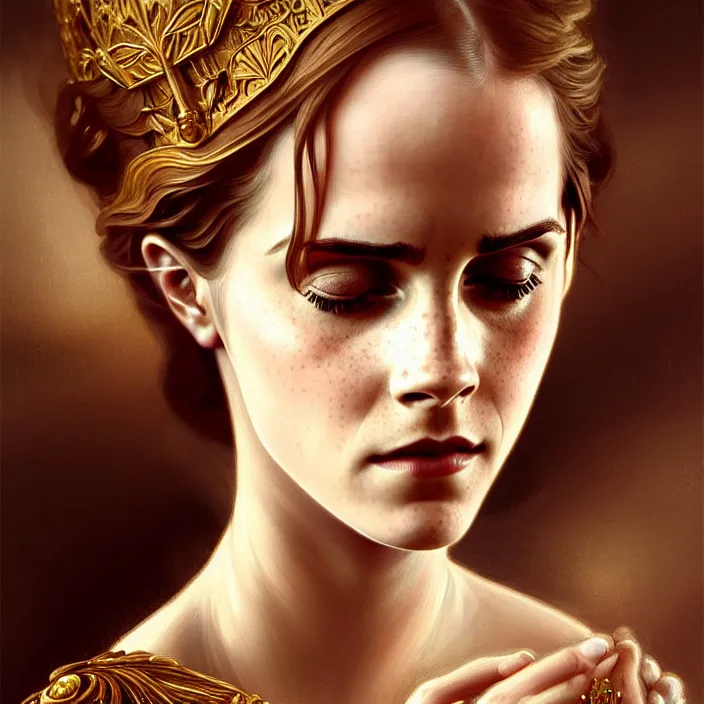 Prompt: ancient queen emma watson, diffuse lighting, fantasy, intricate, elegant, symetrical, highly detailed, lifelike, photorealistic, digital painting, artstation, illustration, concept art, smooth, sharp focus, art by john collier and albert aublet and krenz cushart and artem demura and alphonse mucha