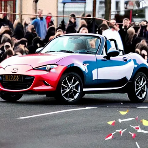 Prompt: a mazda mx-5 jumping through a hoop on fire, a crowd of people are sitting on benches in the background, there's a shark in a tank visible
