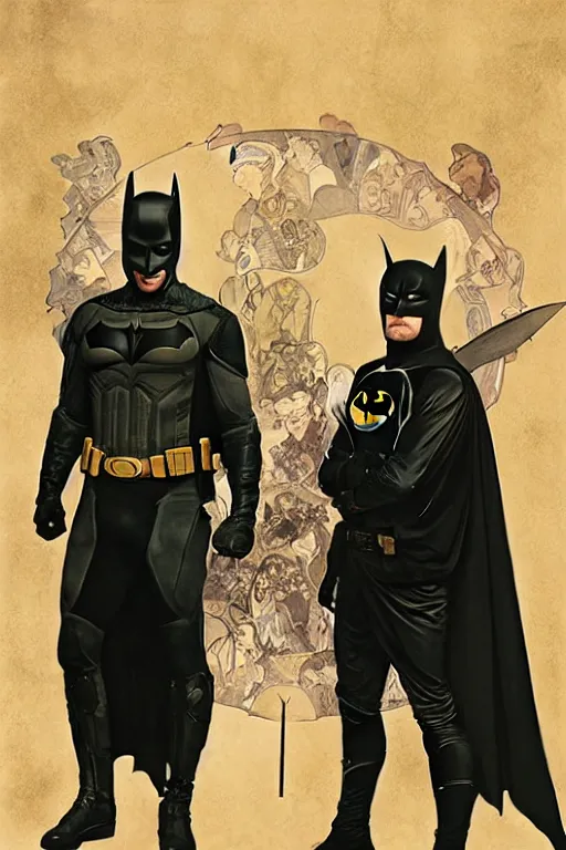 Image similar to a detailed matte portrait of jensen ackles dressed as batman and misha collins dressed as robin, masterpiece, 8 k, art by alphonse mucha and greg rutkowski