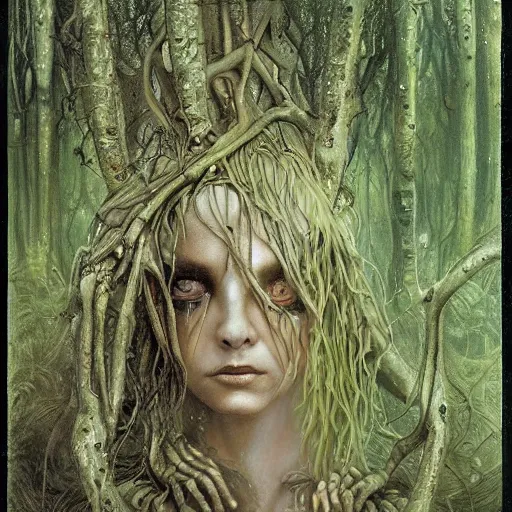 Image similar to portrait of a dryad inspired by hr giger, in a forest of fey autumn maples, her skin glistens with rainwater by greg rutkowski and brian froud dark mysterious, filtered evening light