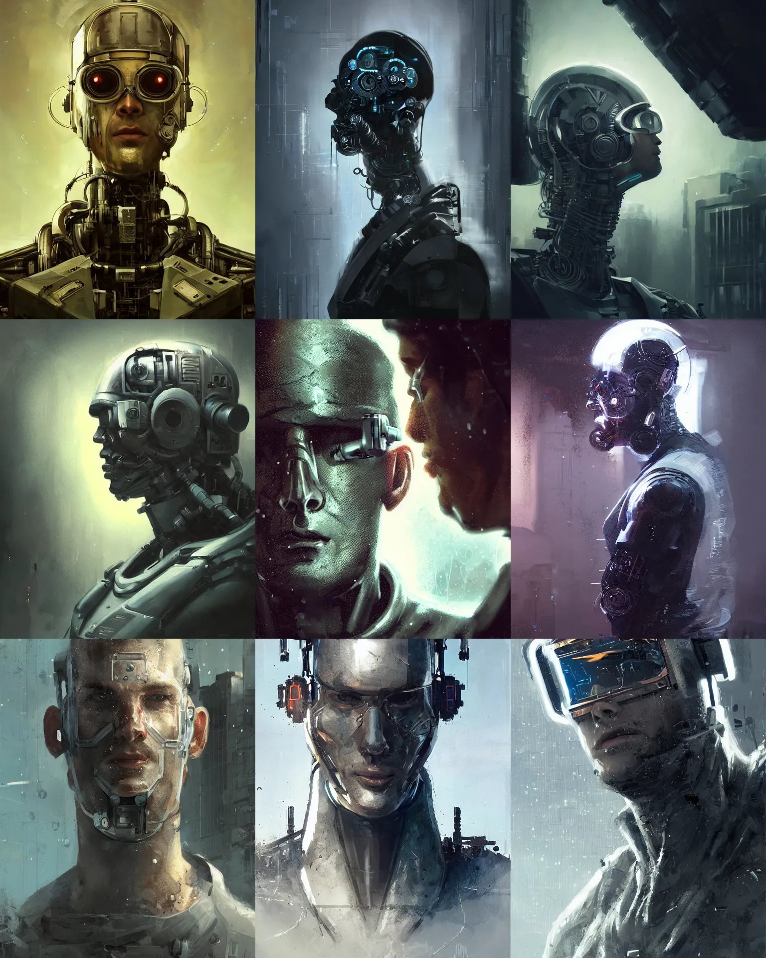 Prompt: a half masked laboratory engineer man with cybernetic enhancements seen from a distance, scifi character portrait by greg rutkowski, craig mullins, 1 / 4 headshot, cinematic lighting, dystopian scifi outfit, profile picture, mechanical, cyborg, half robot