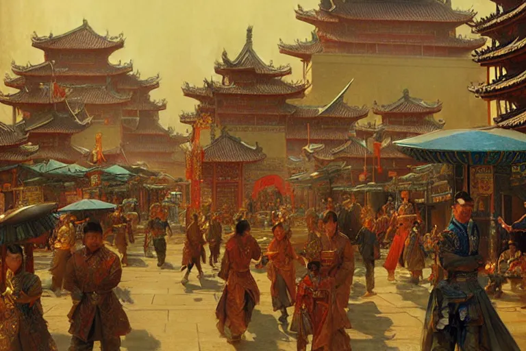 Prompt: tang dynasty city, painting by gaston bussiere, craig mullins, j. c. leyendecker, tom of finland