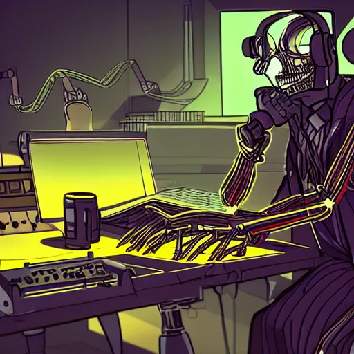 Prompt: cyberpunk skeleton with headphones playing synthesizer, smoky lights, lasers, highly detailed, realistic, dusty, technology and magic,