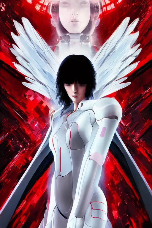 Image similar to white arc-angel with mystic robotic wings, akira, ghost in the shell, 2077, ultra detailed, digital art, 8k ,character ,realistic, portrait, hyperrealistic