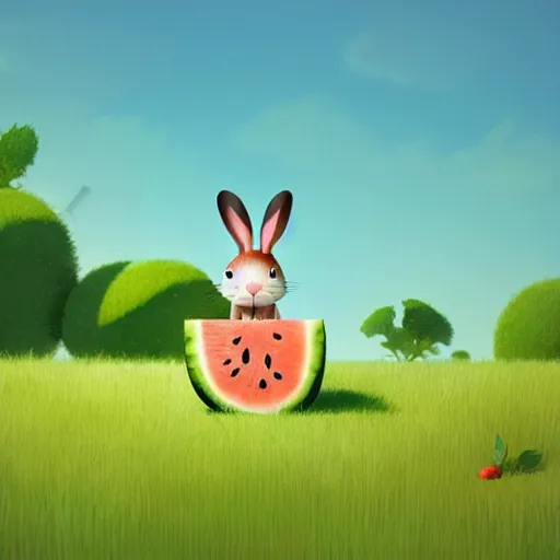 Prompt: a cute rabbit eating watermelon on the green meadow, a storybook illustration by goro fujita and atey ghailan