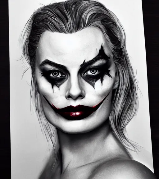 Image similar to photographic still of the beautiful margot robbie portrait with joker makeup, in the style of den yakovlev, realistic face, black and white, realism tattoo, hyper realistic, highly detailed, award winning drawing