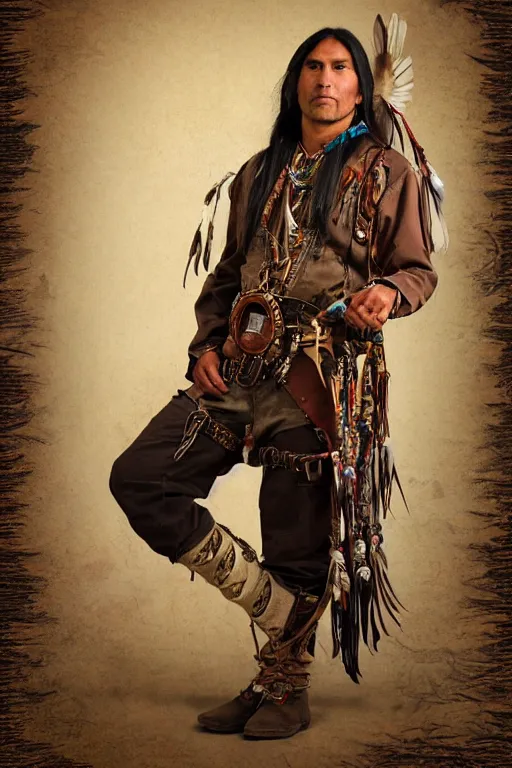 Prompt: thin native American Indian man in his 30s, wearing cargo buckskin jacket buckskin tactical toolbelt pockets bandolier full of trinket and baubles, steampunk arcane shaman, deadlands, weird west