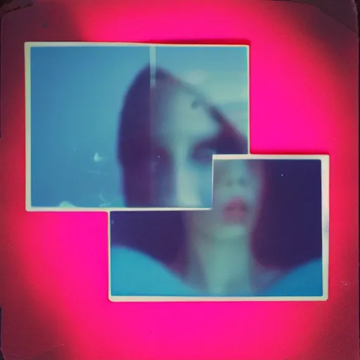 Image similar to polaroid of a dream, reflection, double exposure, glitch, red cyan lighting