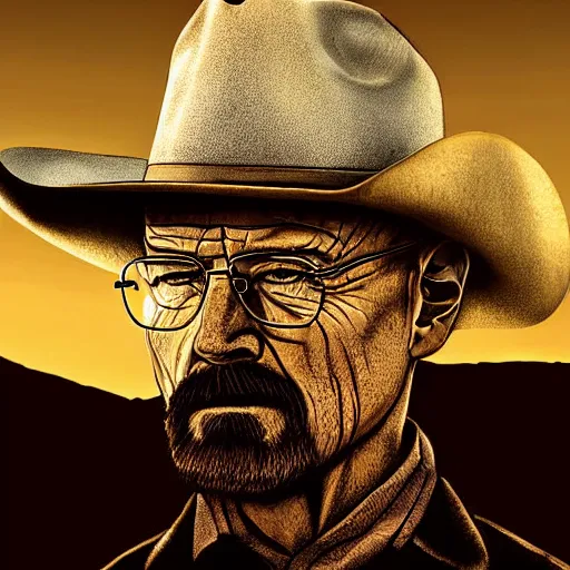 Image similar to walter white as a cowboy in a western town, golden hour, cinematic, digital art