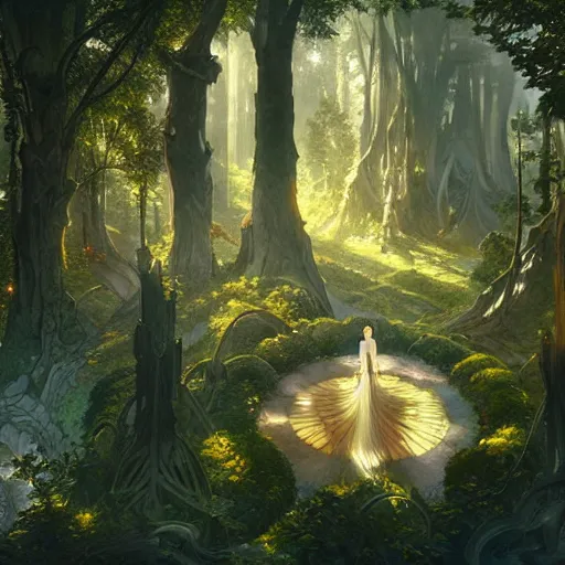 Image similar to incredible game level design, isometric view, lothlorien, trees, lights, fantasy, 8k, art by artgerm and greg rutkowski and alphonse mucha