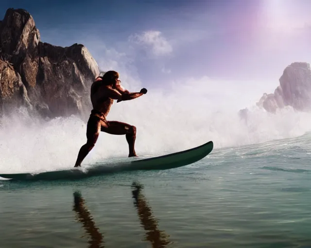 Image similar to single spartan paddling surf - ski through waves, epic award winning action cinematic still from the movie 3 0 0, 8 k, global illumination, detailed face, muscles, rim highlights, hyper realistic, stunning waves, happy vibes