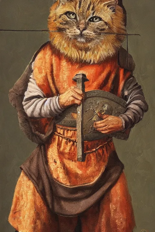 Prompt: Slavic cat head man, woolen torso in medieval clothes, Saint Christopher, oil painting, hyperrealism, beautiful, high resolution, trending on artstation