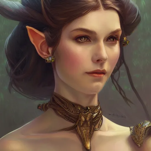 Prompt: portrait of a female elf, elegant, digital painting, highly detailed, fantasy, artstation, concept art, smooth, sharp focus, illustration, art by artgerm and greg rutkowski and alphonse mucha