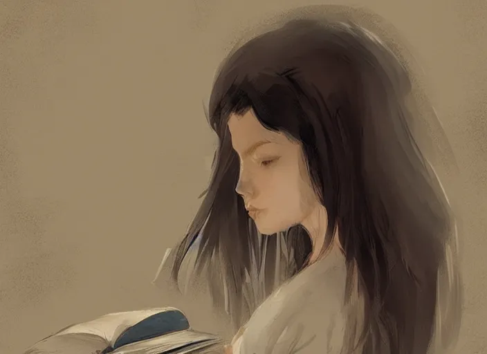 Image similar to a girl reading a book, her hair flowing down, in the style of craig mullins