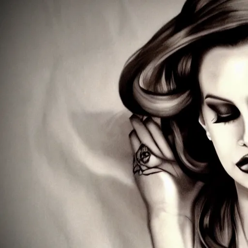 Image similar to Lana del rey tattoo design, photorealistic, dramatic