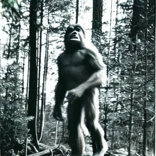 Prompt: 80s polaroid photo of the real bigfoot (not a man in a suit, oh no!) in the woods, candid flash photography